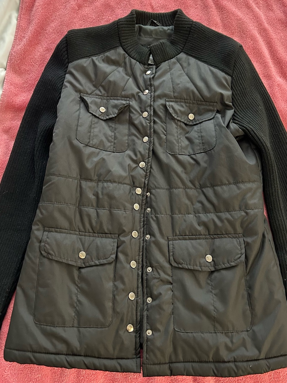 Black Quilted Puffer Jacket with Rib-Knit Sleeves by